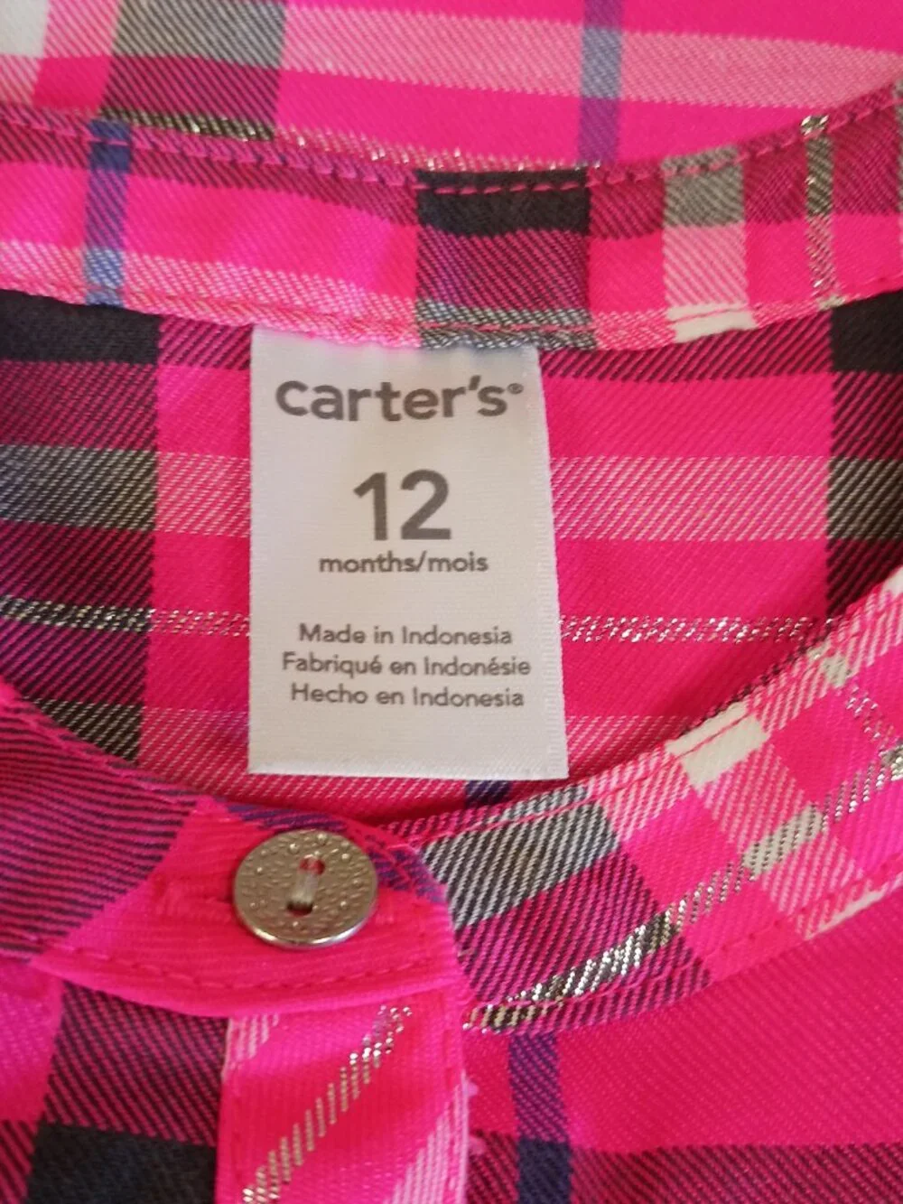 Carter's Girls Size 12M Top Pink Plaid 1/4 Button Long Sleeve Shirt